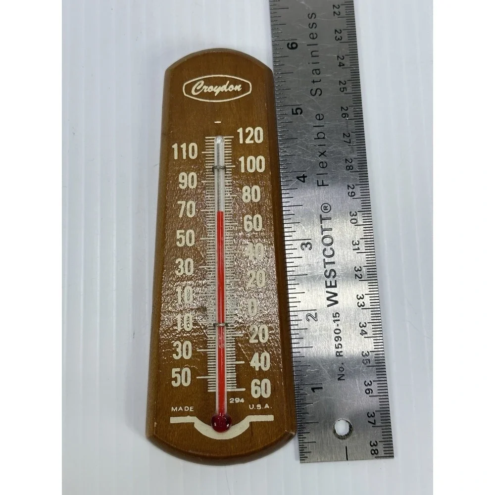 Vintage Croydon Wooden Wall Thermometer Made in USA 120°F Rustic Farmhouse Decor